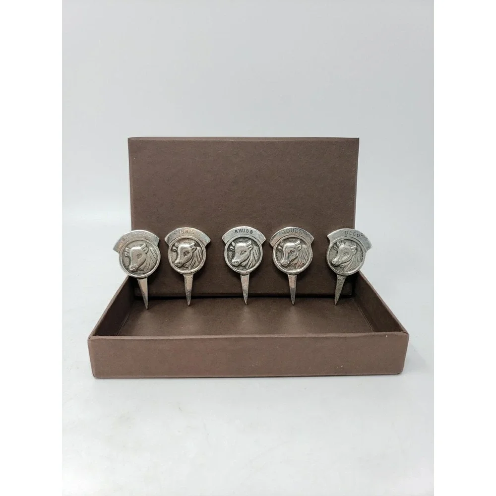 Vintage Set of 5 Pewter Cow Cheese Markers Brie Swiss Bleu Cheddar Gouda 2 sided